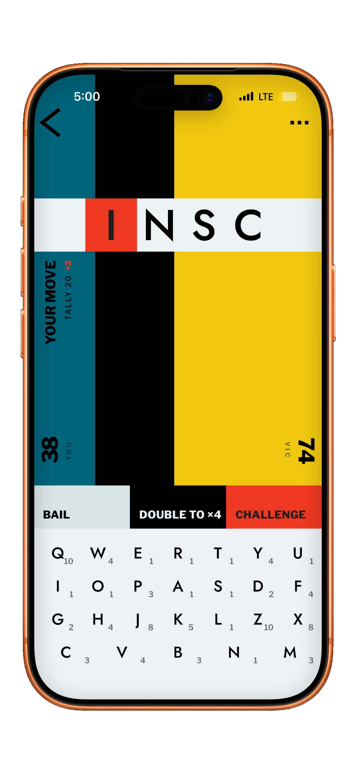 Have Words gameplay — two color fields split by a dark seam, the split showing the score